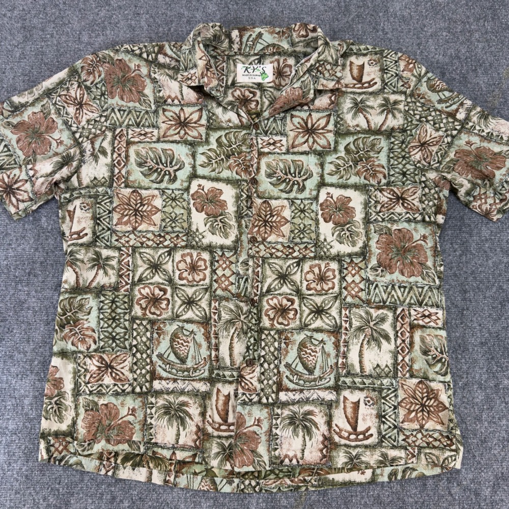 Vintage KY'S Hawaiian Aloha Shirt Made in USA Green Floral Size XL